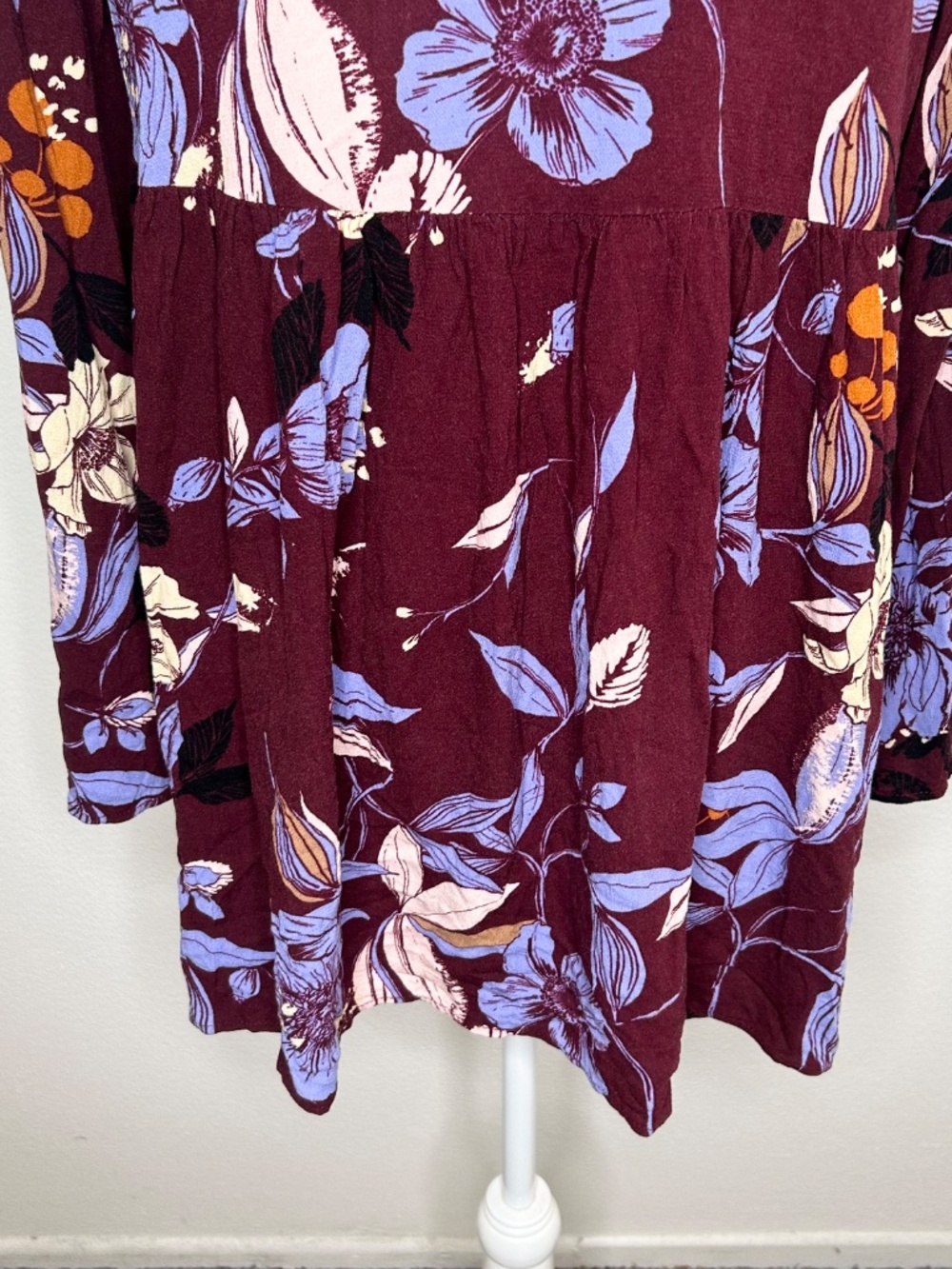Free People Womens Maroon & Purple Floral V-Neck Smocked Long Sleeve Tunic Top L - Picture 8 of 10